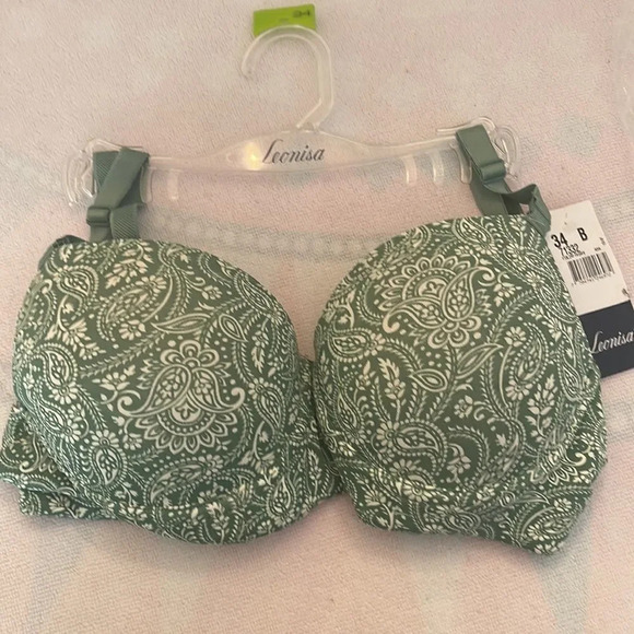 NWT Leonisa Green and Ivory Print Triangular Padded Push Up Bra - Size 34B - Picture 4 of 6